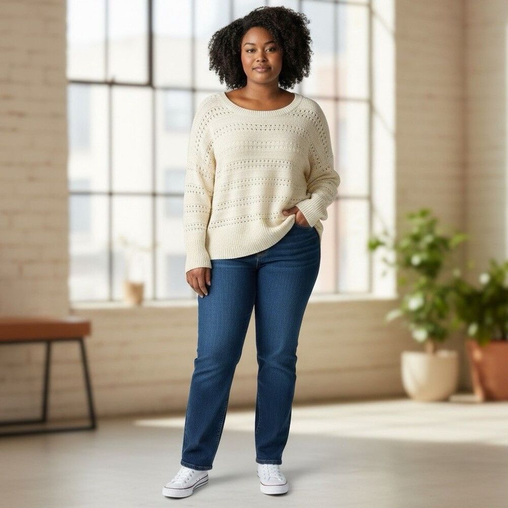 GAP XXL Women's Sweater - Ivory Frost - 100% Cotton - Pointelle Knit Split Hem